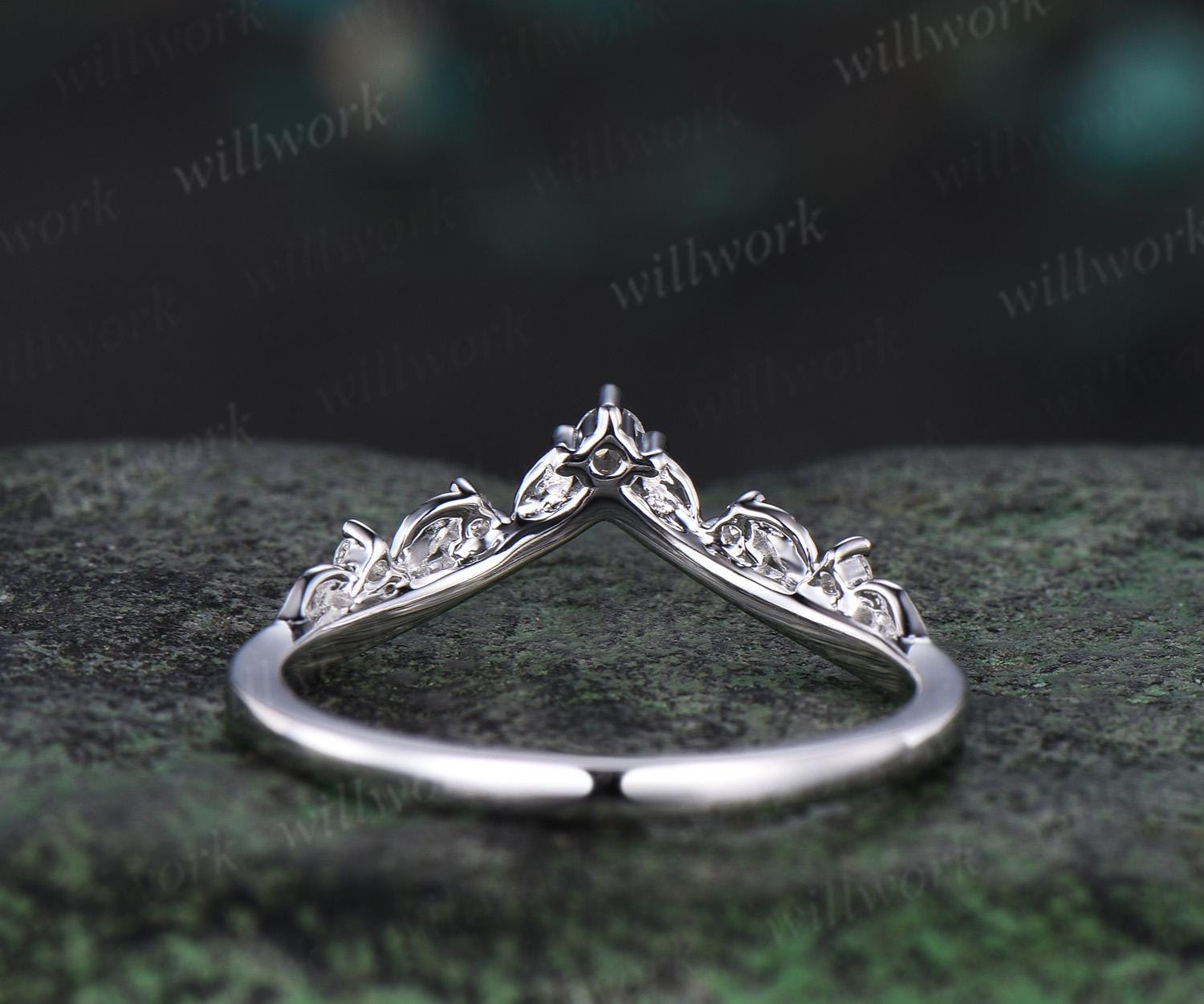 Vintage moissanite Curved wedding band white gold wedding band popular Unique Diamond wedding ring leaf band Bridal Stacking Matching promise gift