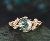 2ct round cut moss agate ring 14k yellow gold branch leaf diamond ring vintage engagement ring women