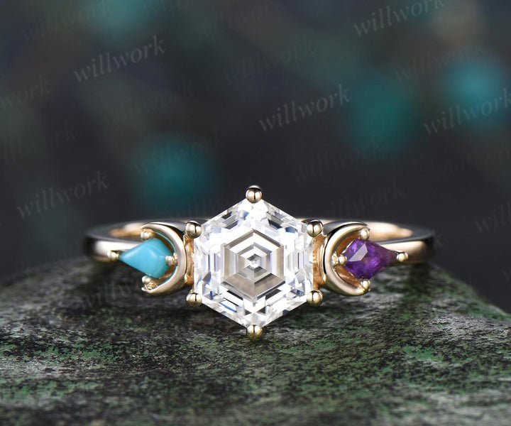 Hexagon cut moissanite engagement ring set 14k yellow gold moon amethyst turquoise ring leaf wedding ring set women