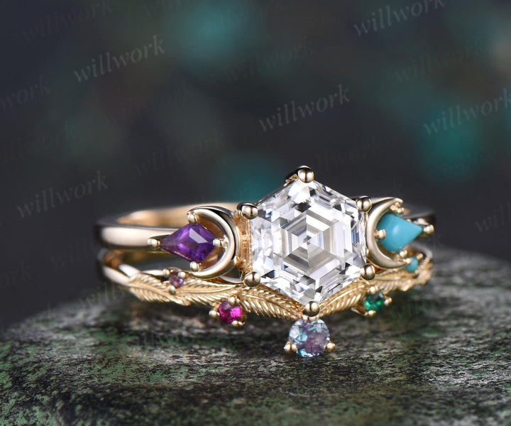 Hexagon cut moissanite engagement ring set 14k yellow gold moon amethyst turquoise ring leaf wedding ring set women