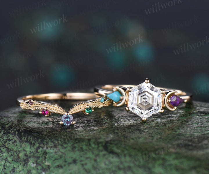 Hexagon cut moissanite engagement ring set 14k yellow gold moon amethyst turquoise ring leaf wedding ring set women