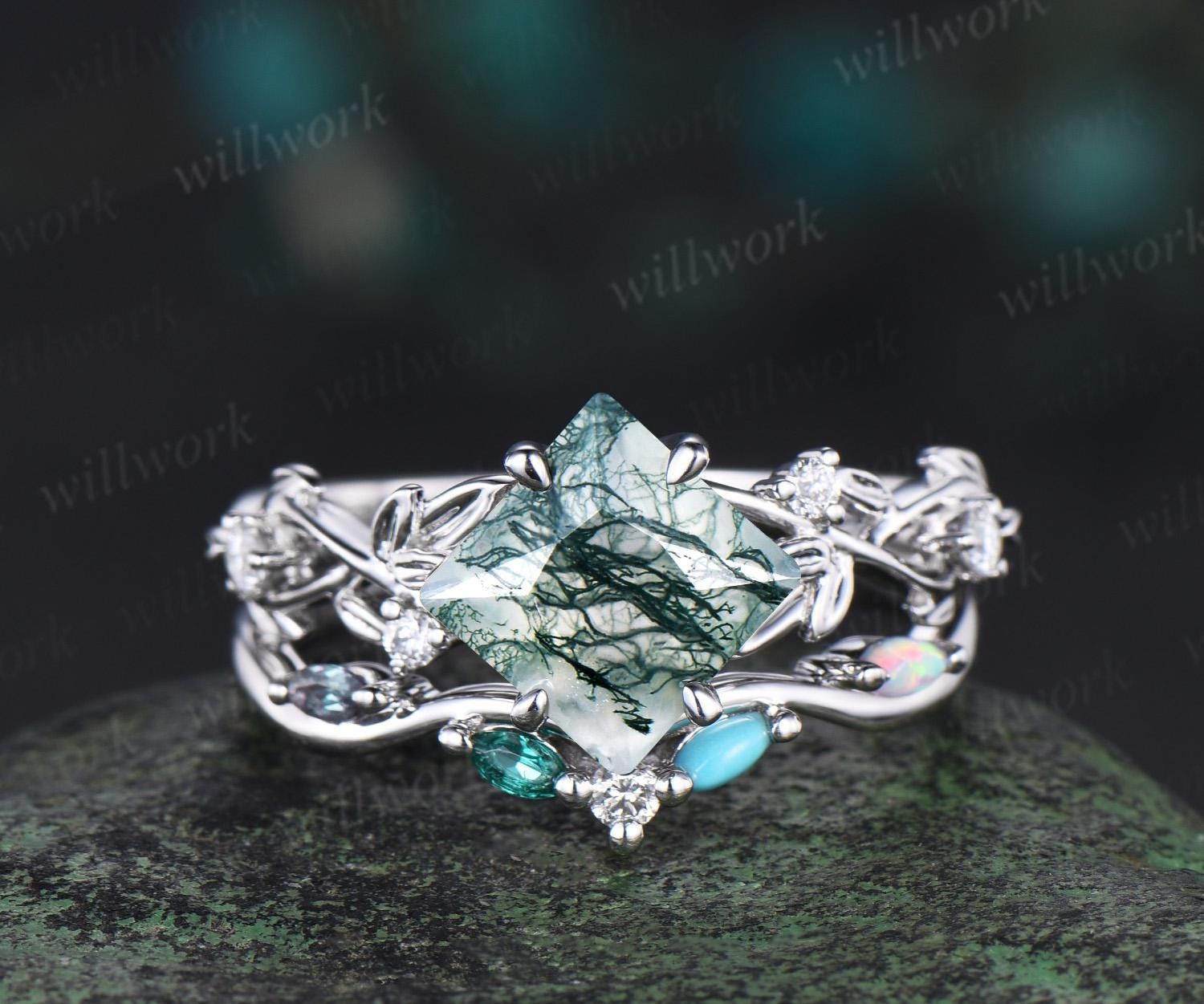 Princess cut moss agate engagement ring set twig leaf diamond