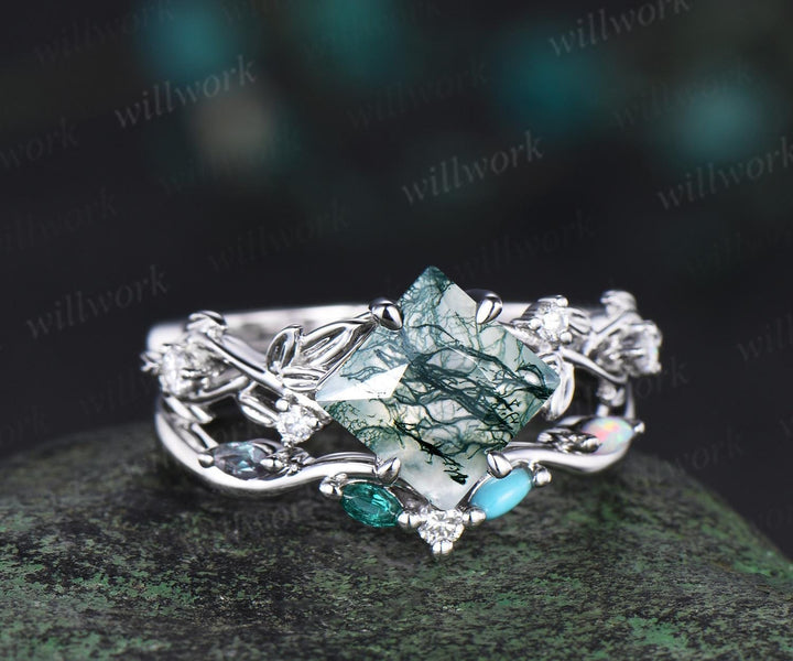 Princess cut moss agate engagement ring set twig leaf diamond turquoise opal emerald alexandrite wedding ring set women jewelry