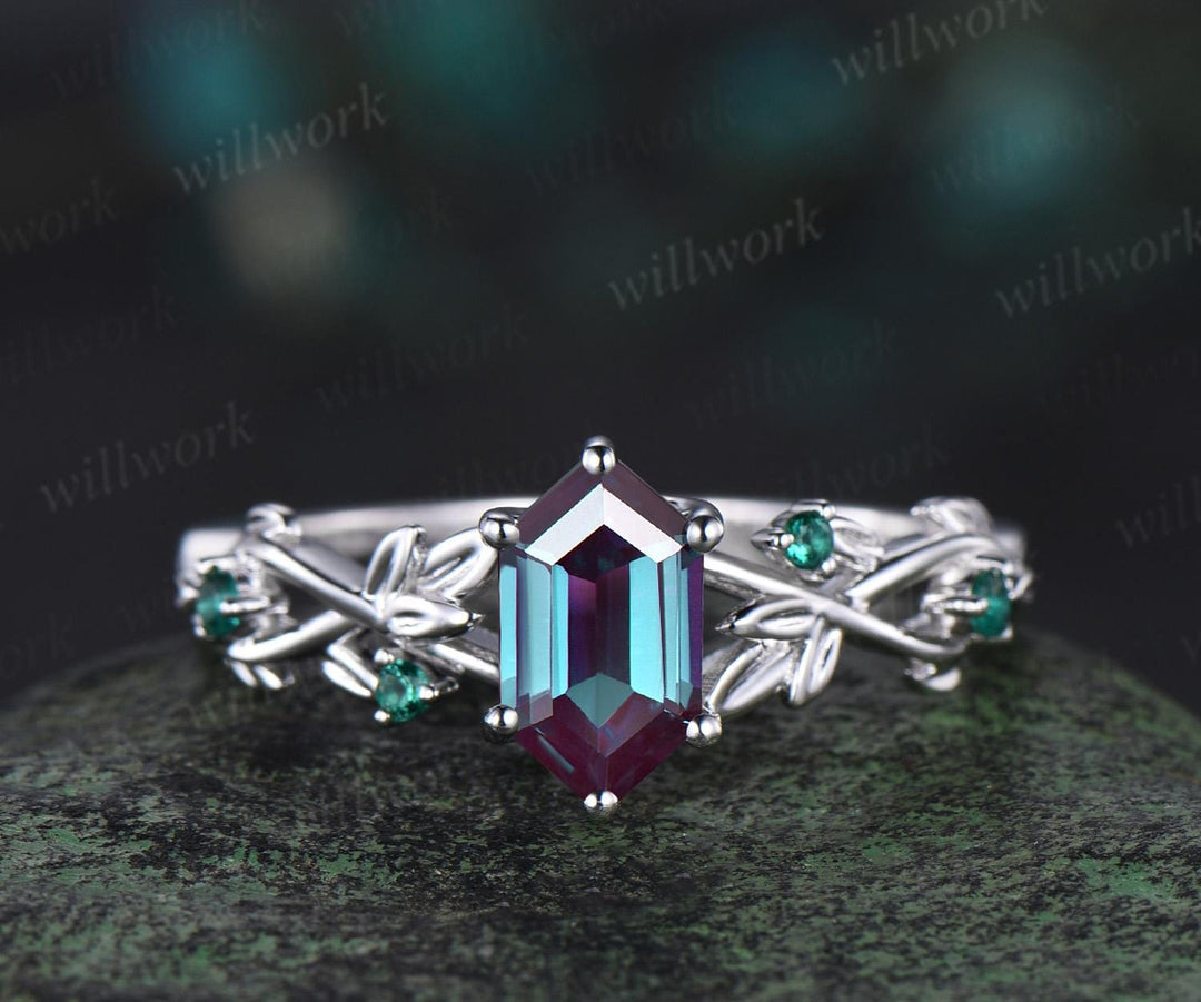 Vintage Long hexagon cut alexandrite engagement ring 14k white gold twig leaf emerald ring women nature inspired anniversary ring gift