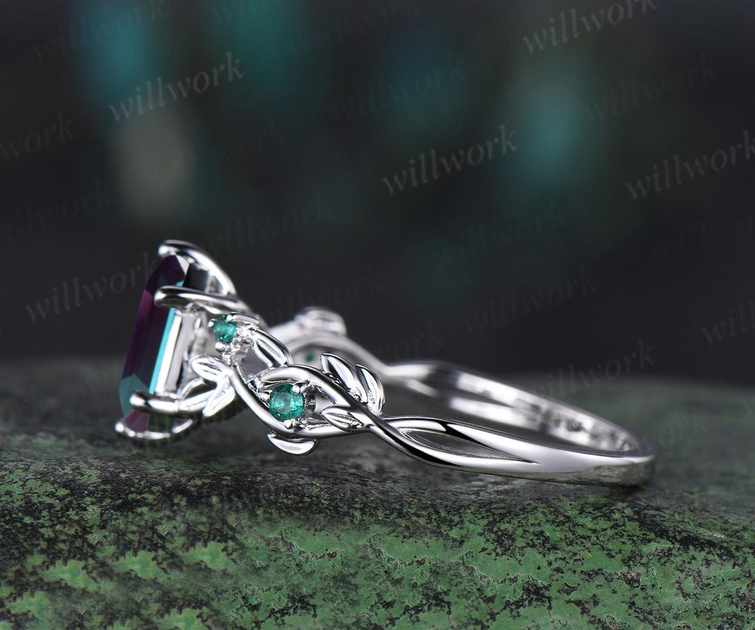 Vintage Long hexagon cut alexandrite engagement ring 14k white gold twig leaf emerald ring women nature inspired anniversary ring gift