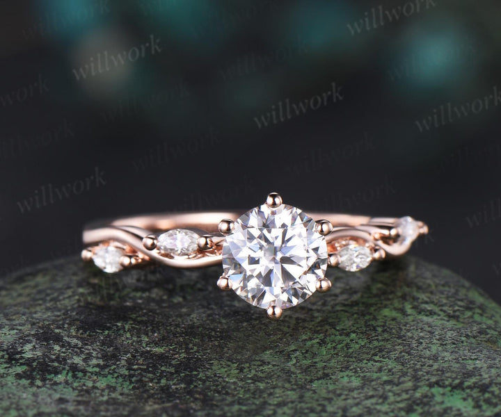 Round cut moissanite ring vintage moissanite engagement ring 14k rose gold dainty halo twisted marquise diamond promise wedding ring women