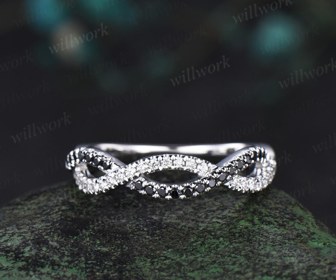 Black diamond wedding band solid 14k white gold antique infinity half eternity diamond stacking bridal ring women jewelry black spinel ring