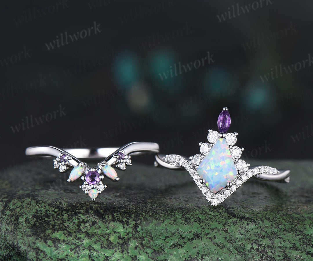 Kite cut opal engagement ring set twisted halo diamond ring vintage 14k white gold amethyst stacking wedding ring set women anniversary gift