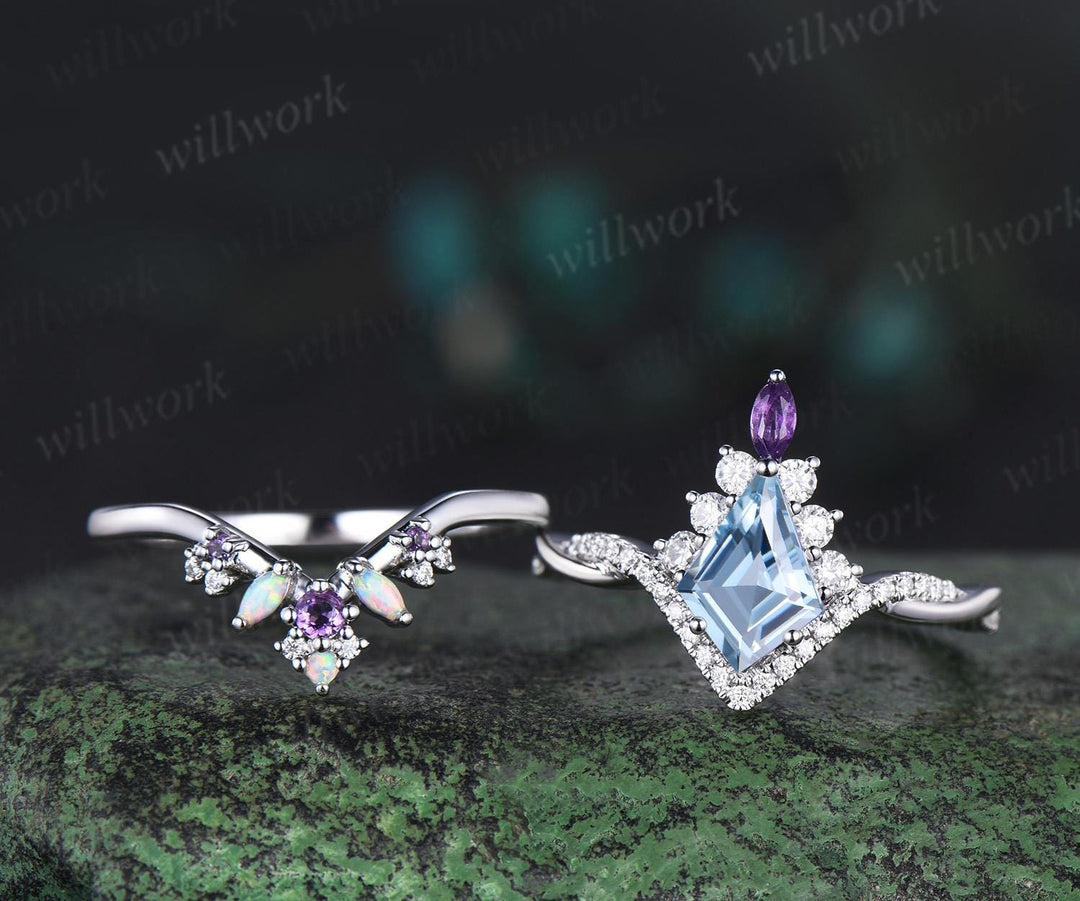 Kite cut aquamarine engagement ring set twisted halo diamond ring vintage 14k white gold amethyst promise wedding ring set women gift