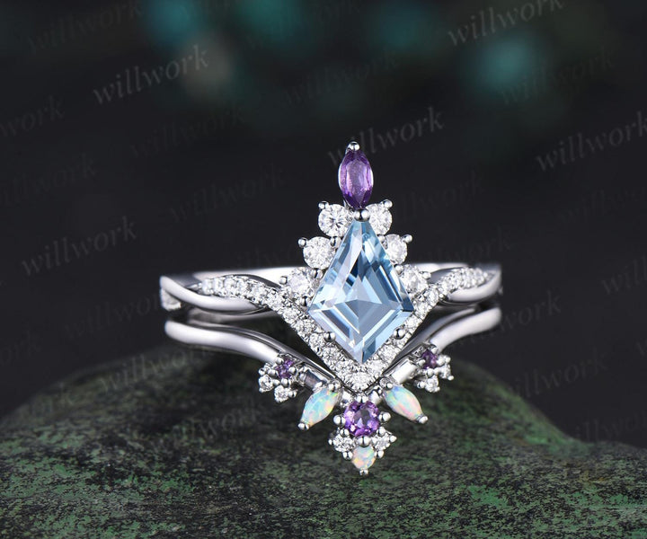 Kite cut aquamarine engagement ring set twisted halo diamond ring vintage 14k white gold amethyst promise wedding ring set women gift