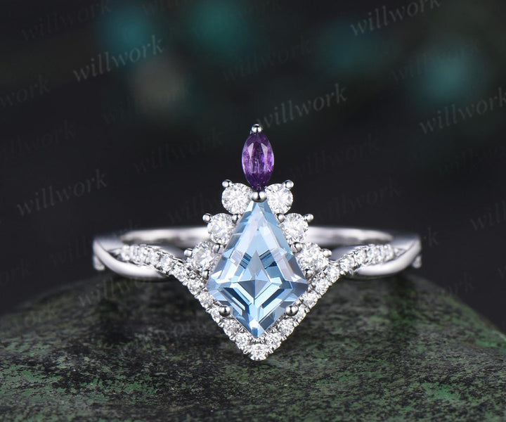 Kite cut aquamarine engagement ring set twisted halo diamond ring vintage 14k white gold amethyst promise wedding ring set women gift