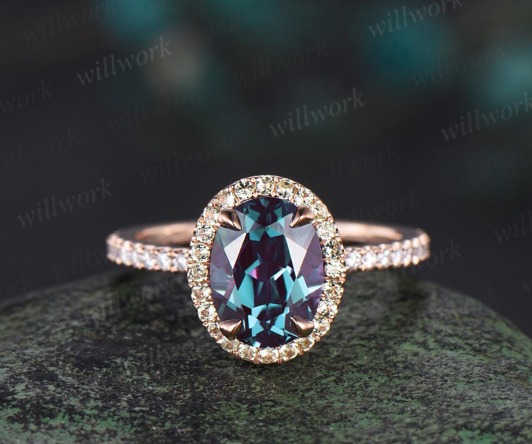 Oval cut Alexandrite engagement ring set halo peridot ring rose gold vintage milgrain half eternity diamond bridal ring set women jewelry