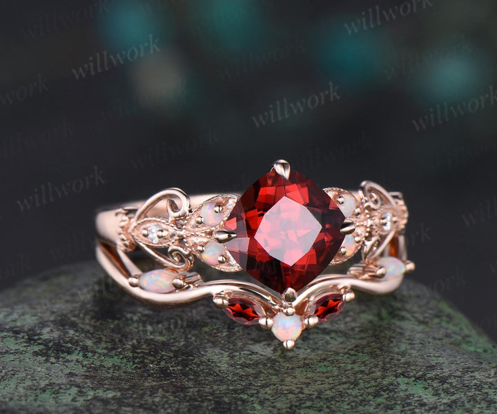 Vintage cushion cut red garnet engagement ring set rose gold butterfly Milgrain opal ring women stacking anniversary ring set gift