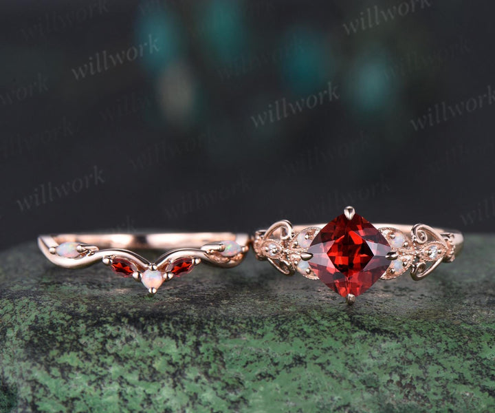 Vintage cushion cut red garnet engagement ring set rose gold butterfly Milgrain opal ring women stacking anniversary ring set gift