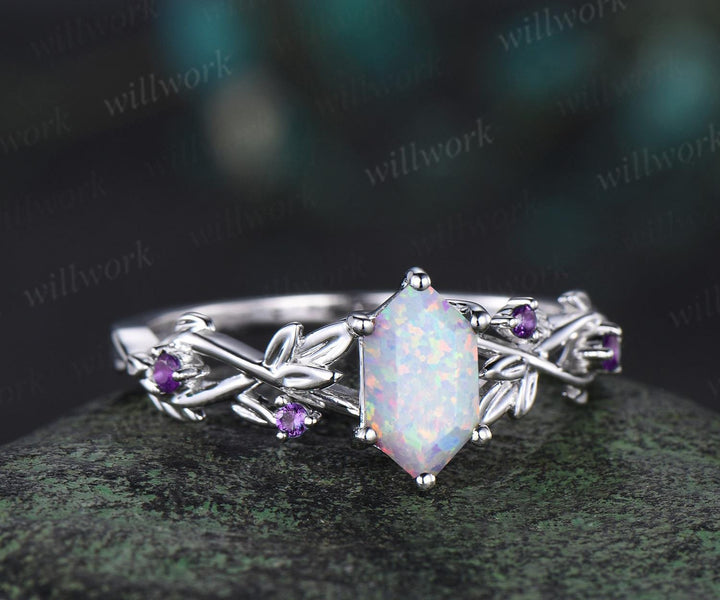 Twig opal ring vintage Long hexagon cut opal engagement ring 14k white gold leaf amethyst ring women October birthstone wedding ring