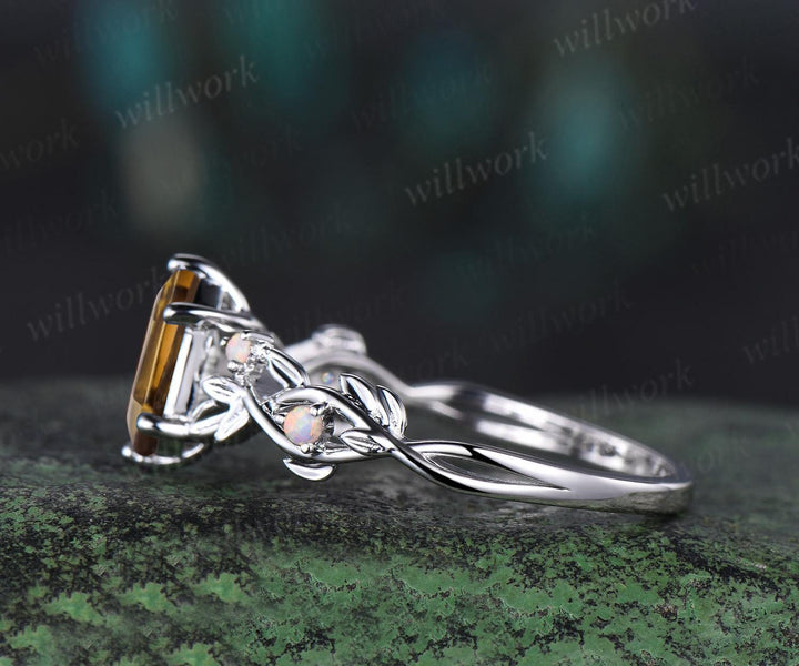 Long hexagon cut yellow citrine engagement ring solid 14k white gold branch leaf opal ring November birthstone unique anniversary ring gift