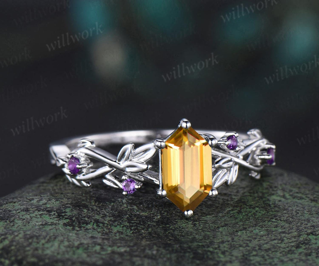 Long hexagon cut yellow citrine engagement ring solid 14k white gold branch leaf opal ring November birthstone unique anniversary ring gift