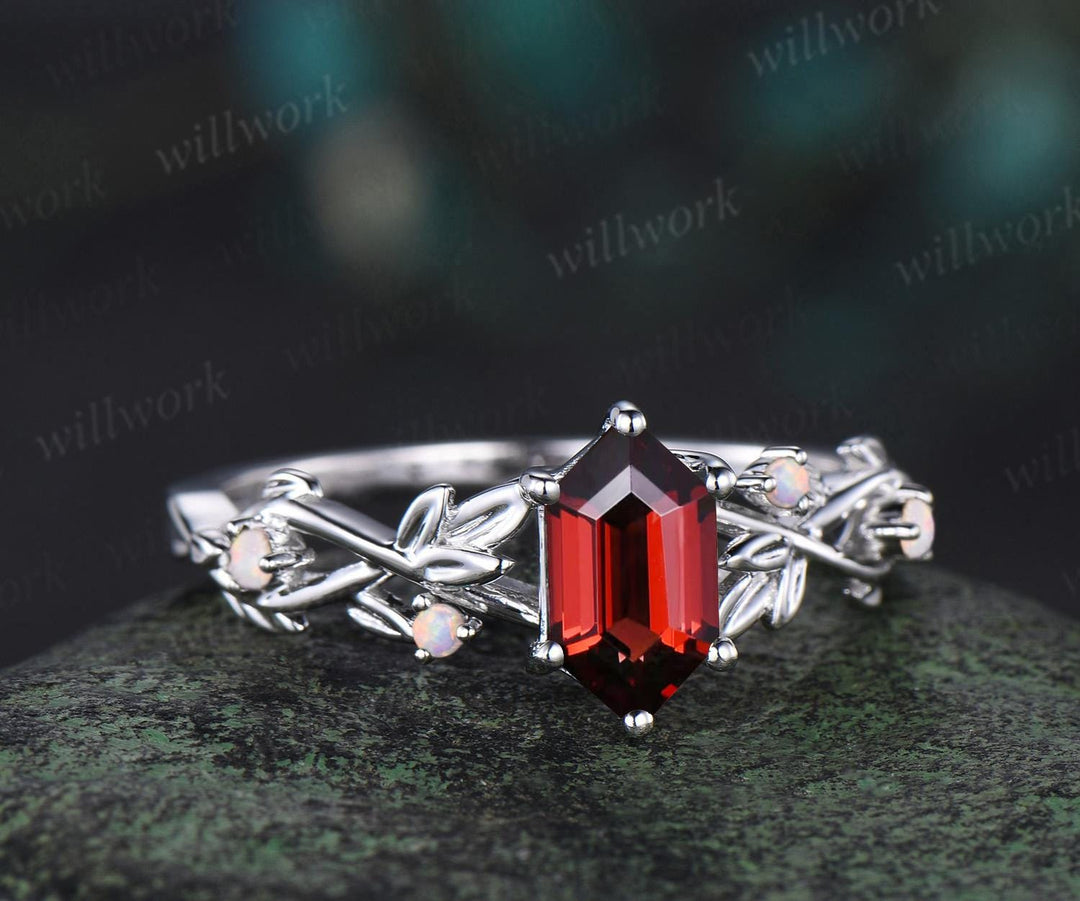 Twig garnet ring vintage Long hexagon cut red garnet engagement ring 14k white gold leaf opal ring women January birthstone wedding ring