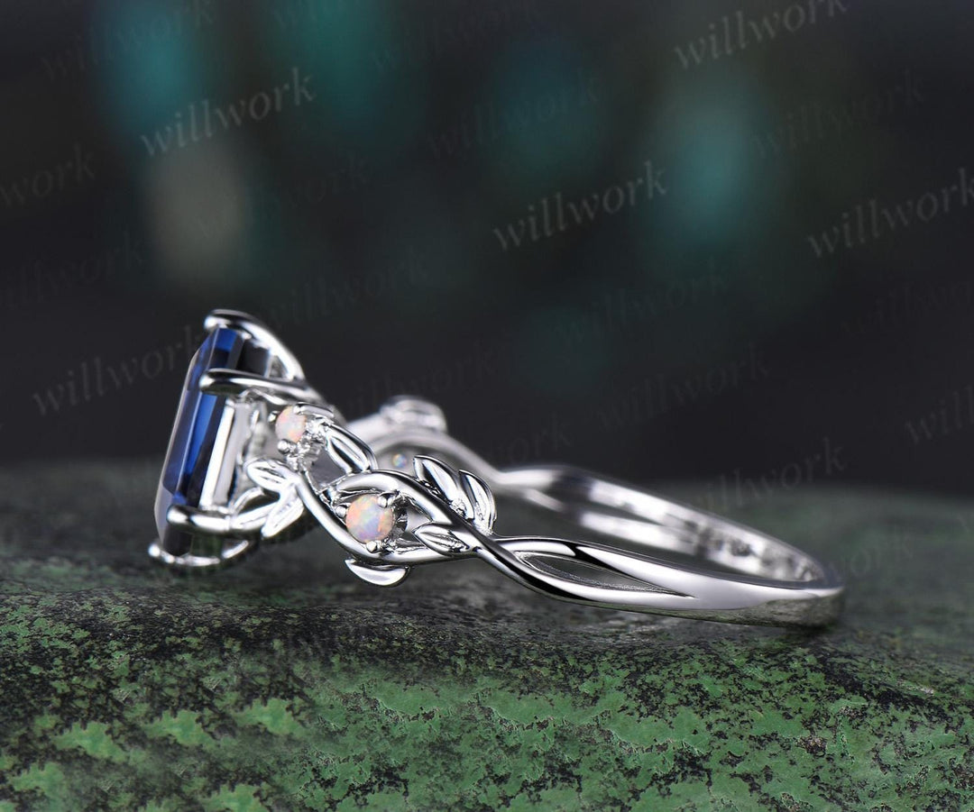 Long hexagon cut blue sapphire engagement ring 14k white gold twig leaf opal ring women September birthstone ring anniversary gift for her