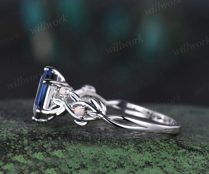 Long hexagon cut blue sapphire engagement ring 14k white gold twig leaf opal ring women September birthstone ring anniversary gift for her