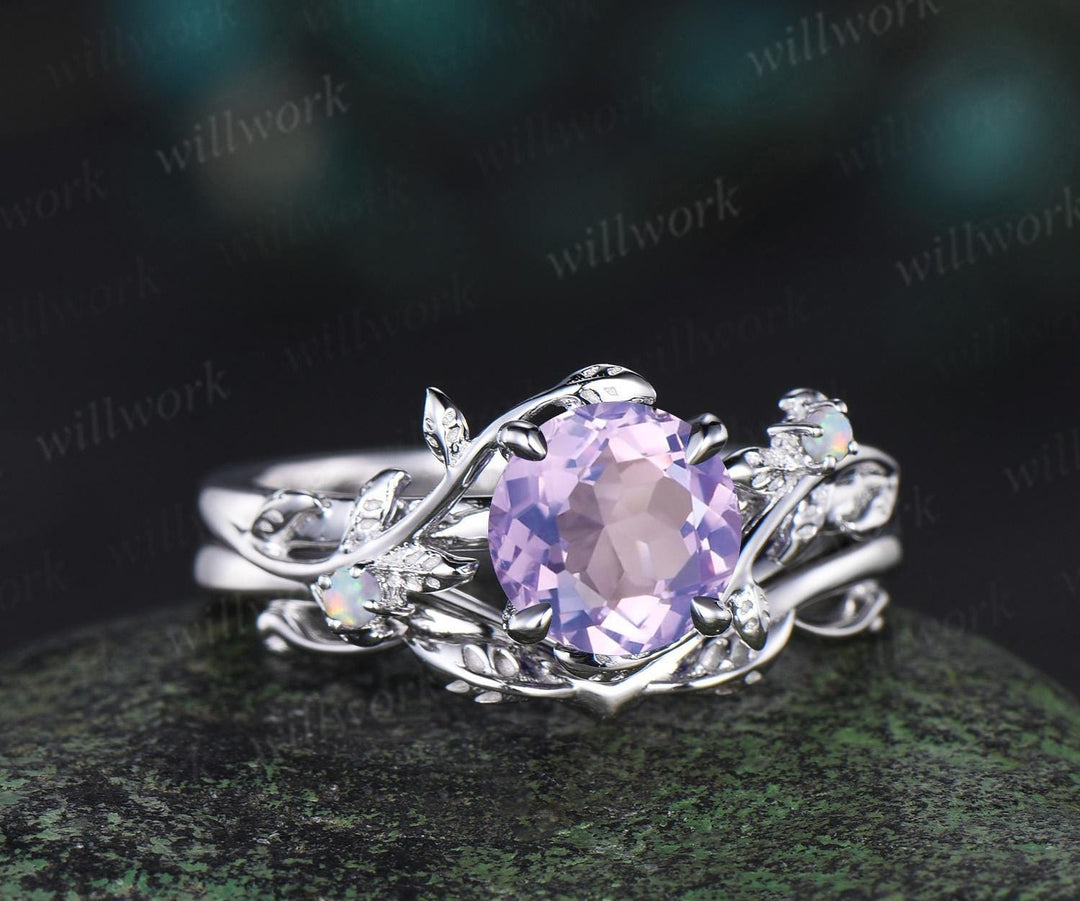 1ct round cut Lavender Amethyst engagement ring vintage branch opal ring white gold stacking leaf wedding ring band women crystal ring