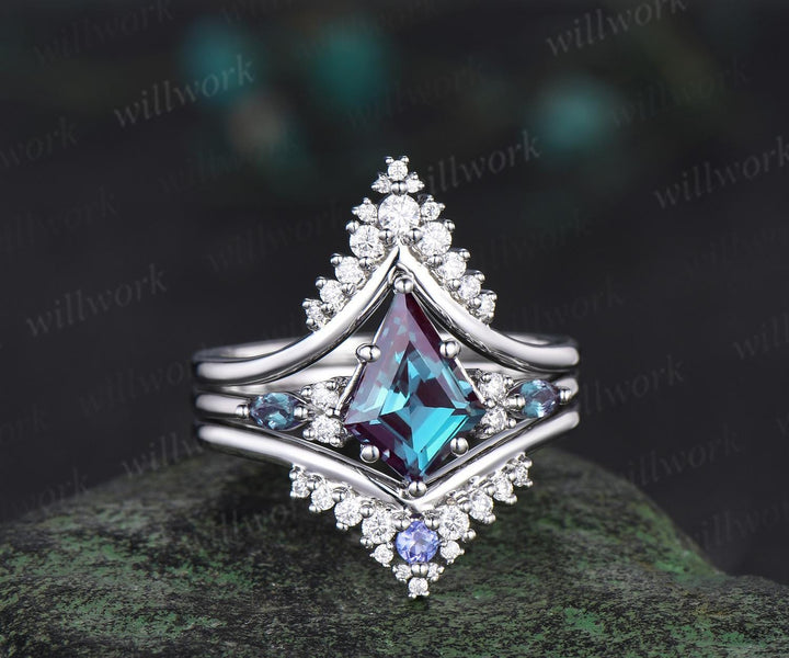 3pcs kite cut alexandrite engagement ring set solid 14k white gold stacking snowdrift moissanite ring unique promise bridal ring set women