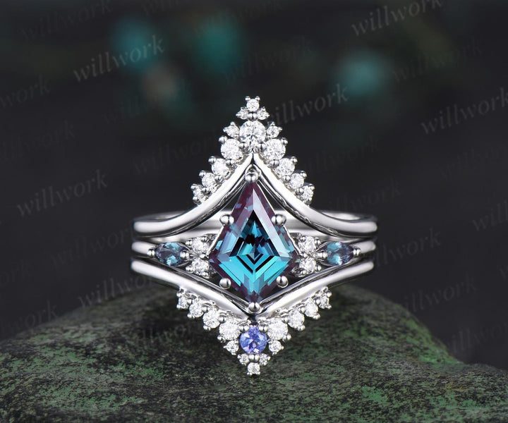 3pcs kite cut alexandrite engagement ring set solid 14k white gold stacking snowdrift moissanite ring unique promise bridal ring set women