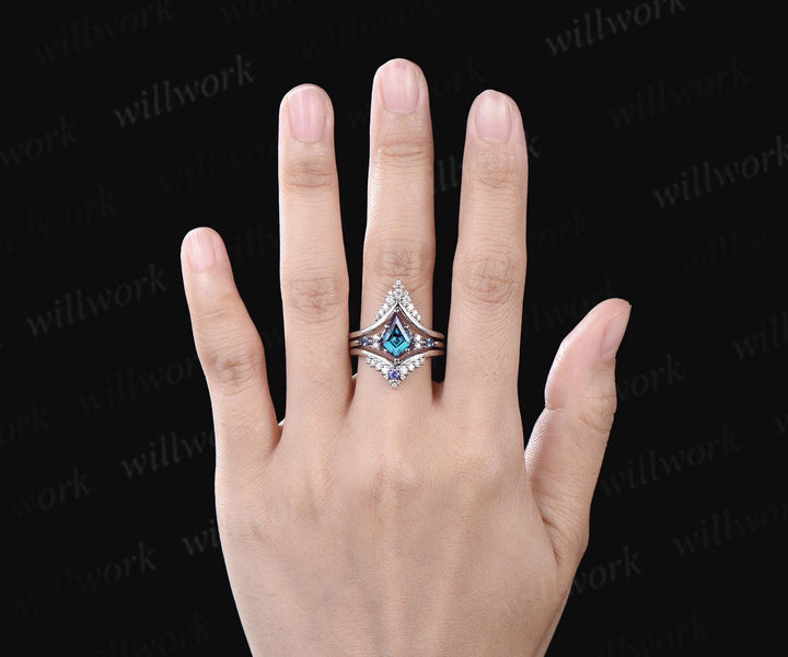 3pcs kite cut alexandrite engagement ring set solid 14k white gold stacking snowdrift moissanite ring unique promise bridal ring set women