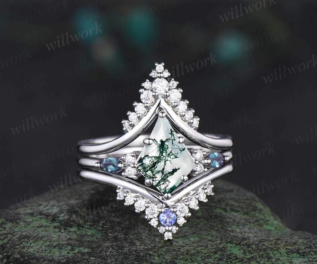 Kite cut moss agate engagement ring set solid 14k white gold alexandrite snowdrift moissanite ring unique promise wedding ring set women