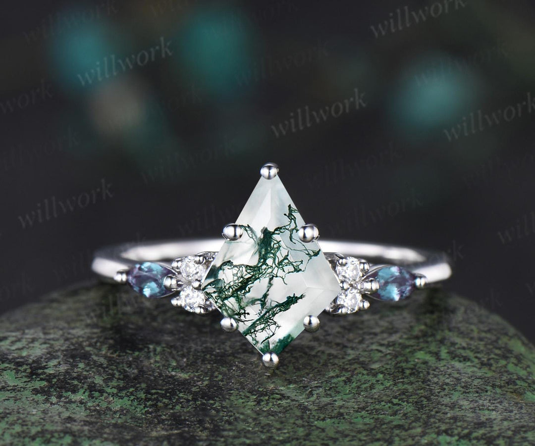 Kite cut moss agate engagement ring set solid 14k white gold alexandrite snowdrift moissanite ring unique promise wedding ring set women