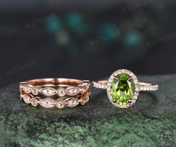 Vintage oval cut peridot engagement ring milgrain half eternity diamond ring 14k rose gold art deco unique anniversary bridal ring set women