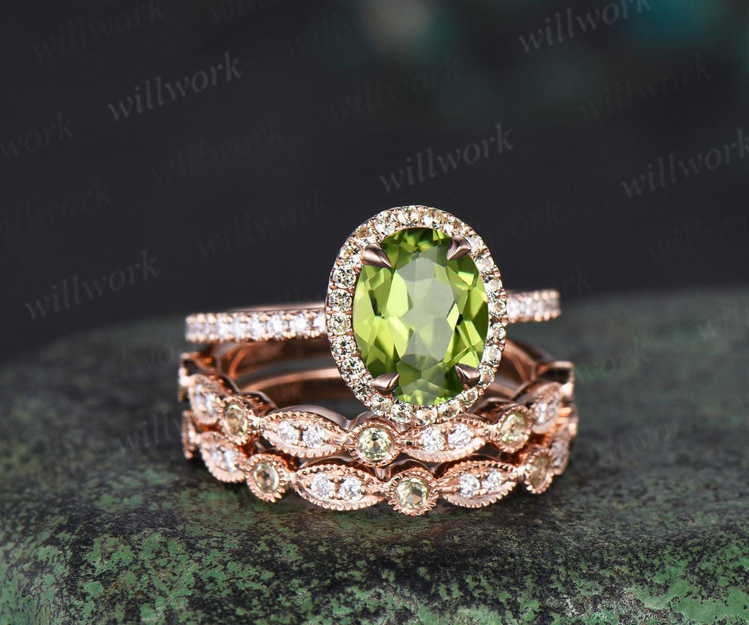 Vintage oval cut peridot engagement ring milgrain half eternity diamond ring 14k rose gold art deco unique anniversary bridal ring set women