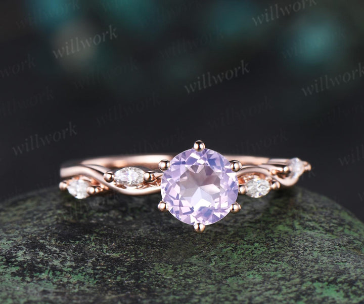 1ct round cut Lavender Amethyst ring rose gold five stone unique engagement ring women twisted under halo diamond wedding anniversary gift