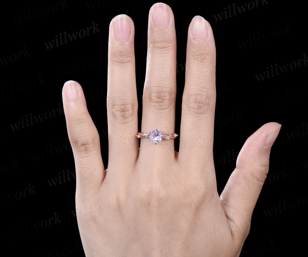 1ct round cut Lavender Amethyst ring rose gold five stone unique engagement ring women twisted under halo diamond wedding anniversary gift