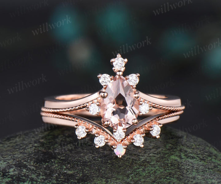 Pear shaped morganite ring rose gold lace cluster diamond bridal set art deco unique engagement ring set women gift