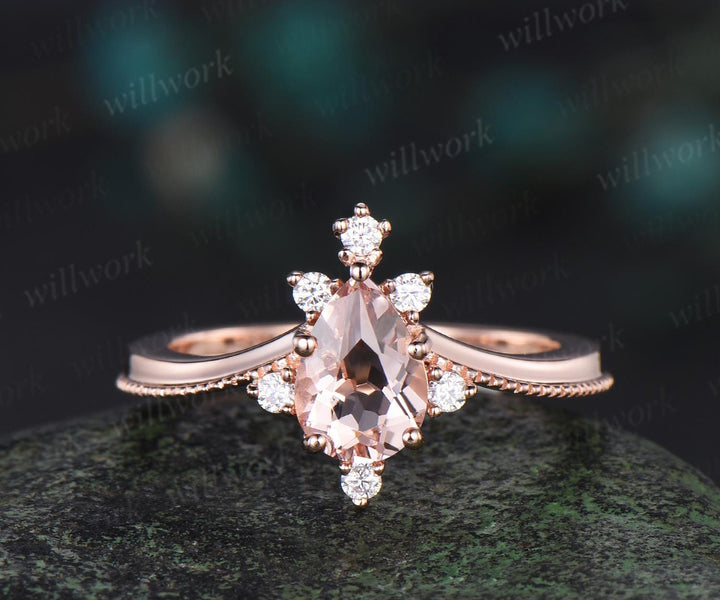 Pear shaped morganite ring rose gold lace cluster diamond bridal set art deco unique engagement ring set women gift