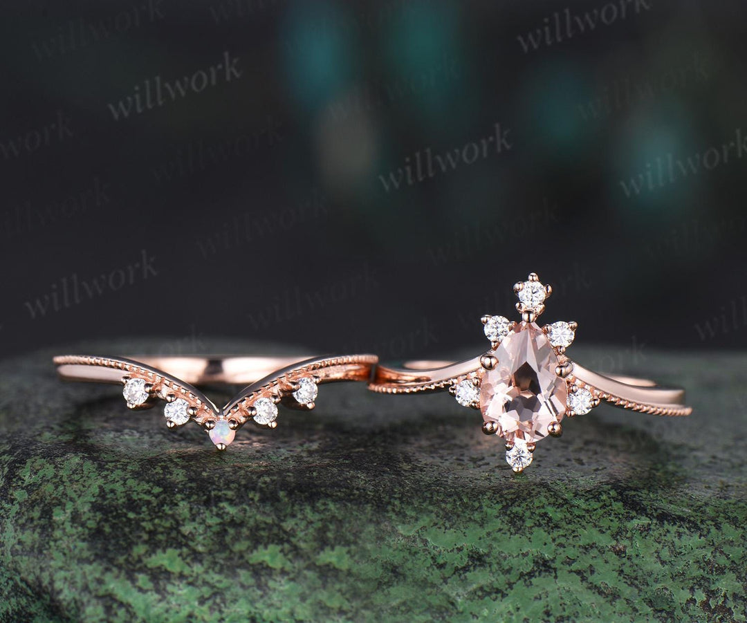 Pear shaped morganite ring rose gold lace cluster diamond bridal set art deco unique engagement ring set women gift