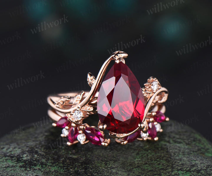 Pear red ruby engagement ring set rose gold big ruby ring vintage open gap wedding band leaf nature inspired bridal ring set women