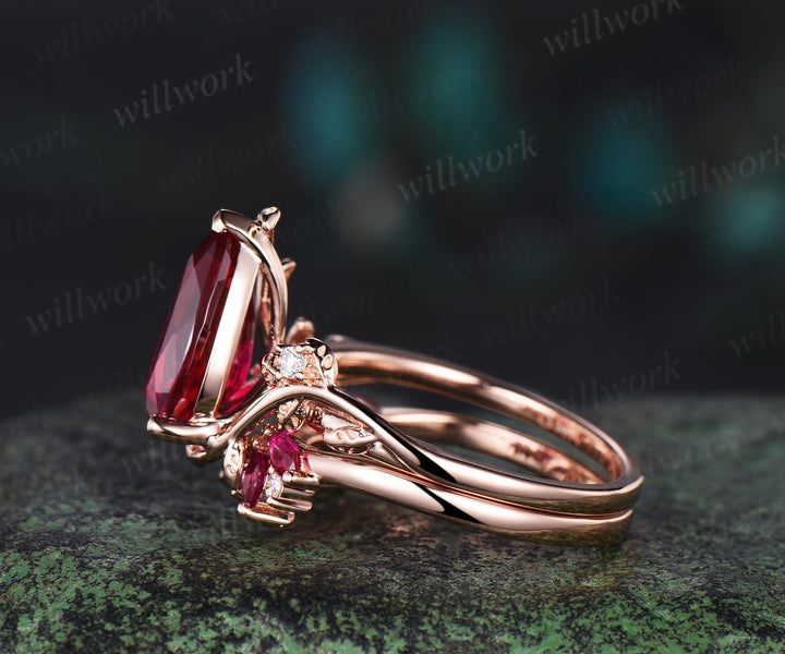 Pear red ruby engagement ring set rose gold big ruby ring vintage open gap wedding band leaf nature inspired bridal ring set women