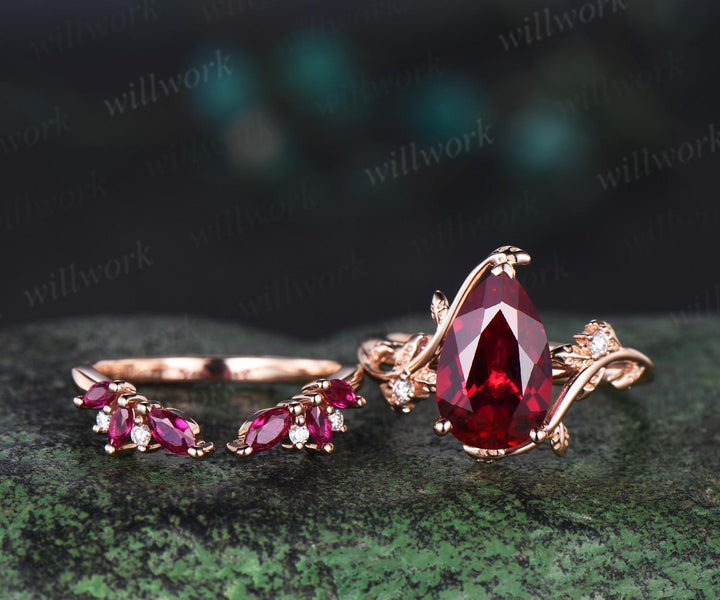 Pear red ruby engagement ring set rose gold big ruby ring vintage open gap wedding band leaf nature inspired bridal ring set women