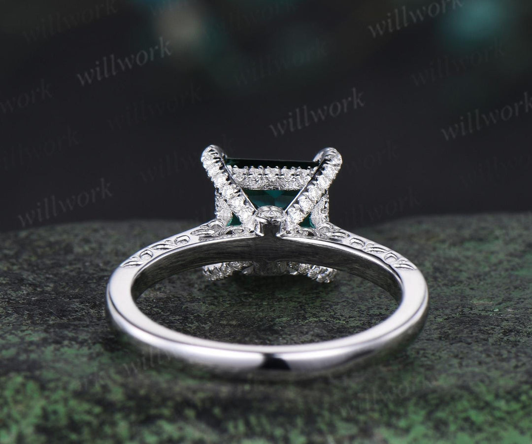 Princess cut green enerald engagement ring half eternity under halo diamond wedding promise ring women 14k white gold gift