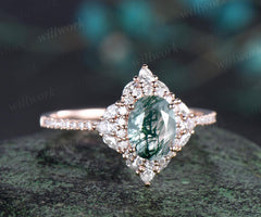 Oval cut moss agate ring vintage half eternity double halo diamond unique engagement ring women solid 14k rose gold dainty promise ring her