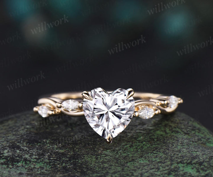 Heart cut moissanite engagement ring antique twisted diamond ring women solid 14k rose gold unique promise bridal ring jewelry