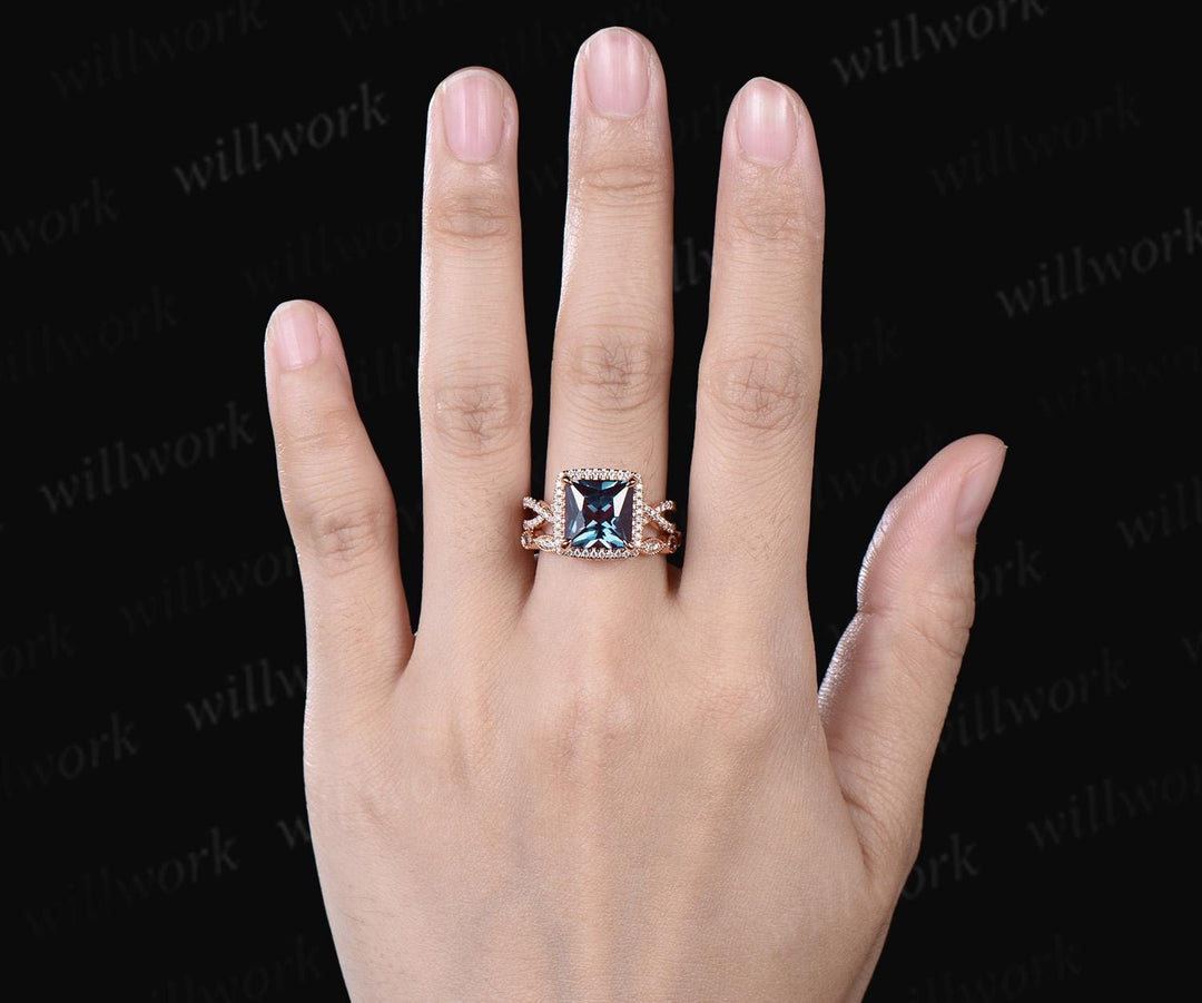 Princess cut Alexandrite engagement ring set cushion halo infinity half eternity diamond wedding bridal ring set women 14k rose gold jewelry