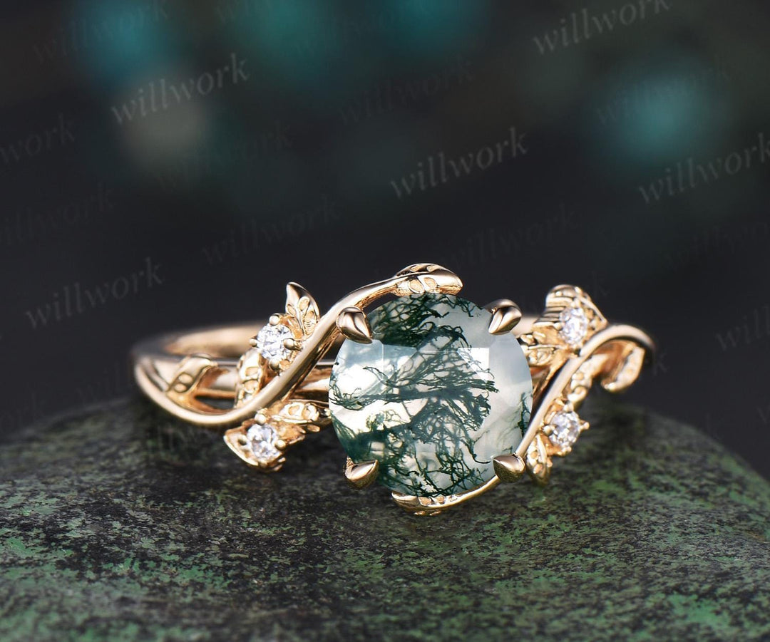 2ct round cut moss agate ring 14k yellow gold branch leaf diamond ring vintage engagement ring women