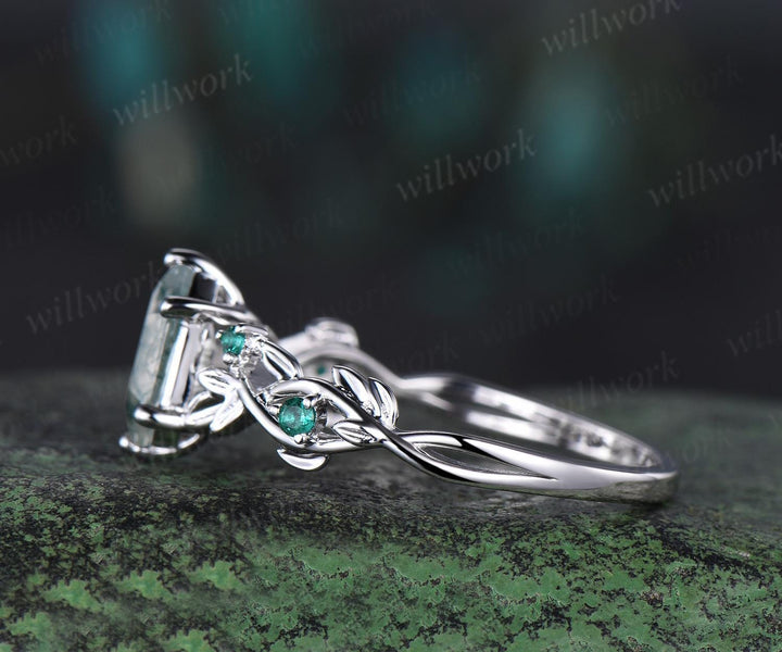 Long hexagon cut moss agate engagement ring vintage 14k white gold twig leaf emerald ring women nature inspired anniversary ring gift