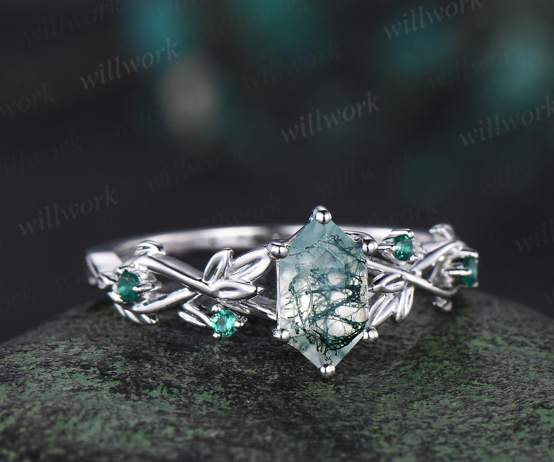 Long hexagon cut moss agate engagement ring vintage 14k white gold twig leaf emerald ring women nature inspired anniversary ring gift