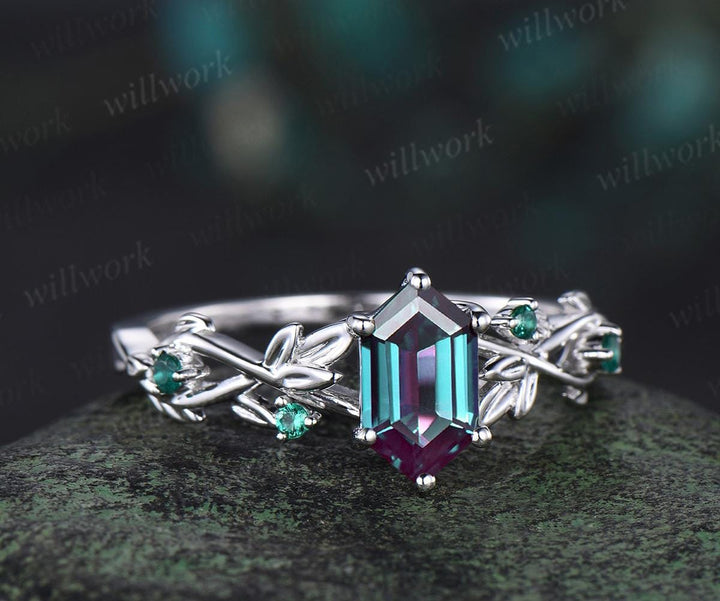 Vintage Long hexagon cut alexandrite engagement ring 14k white gold twig leaf emerald ring women nature inspired anniversary ring gift