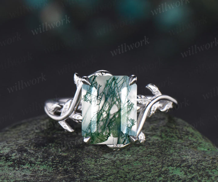 Big emerald cut moss agate engagement ring solid 14k white gold leaf nature inspired retro wedding promsie ring women