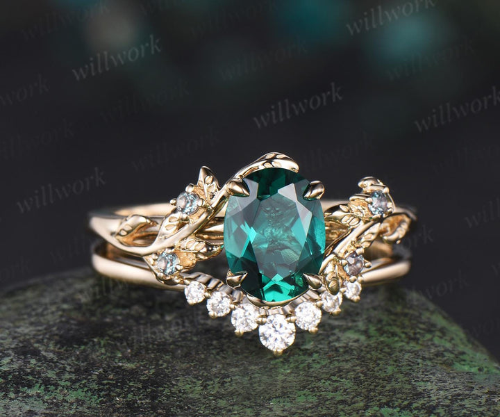 Oval cut green emerald engagement ring set leaf alexandrite ring 14k yellow gold moissanite promise ring her unique bridal set women